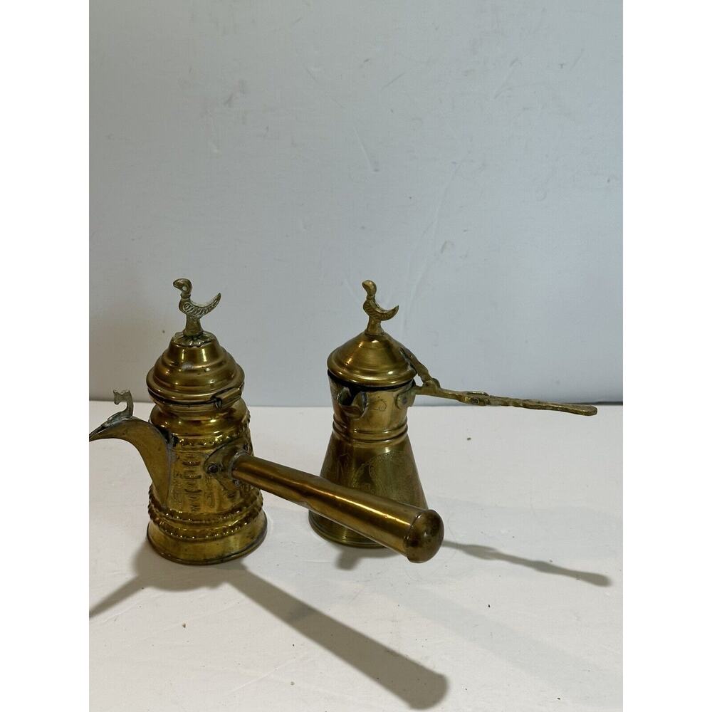 2 Vintage Islamic Arabic Brass Coffee Tea Pot decor rusty inside signed small